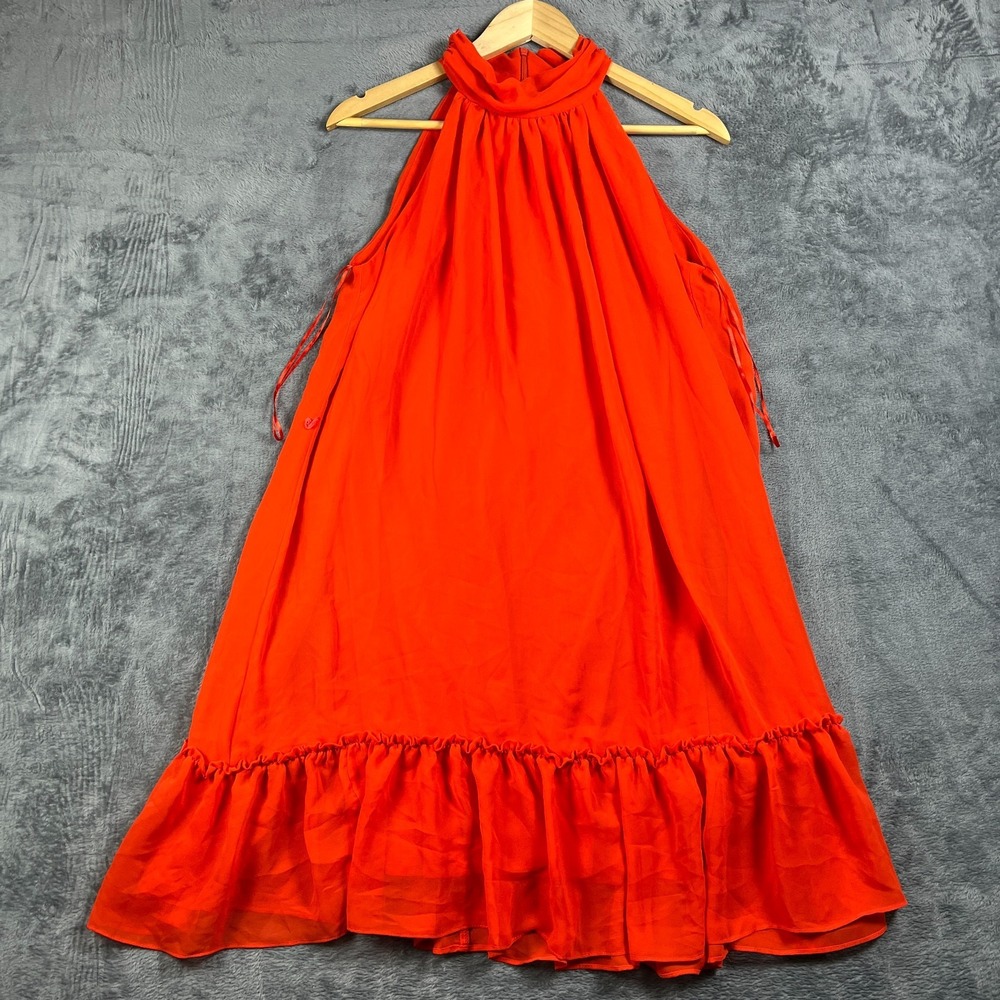 Taylor Trapeze Dress Womens 8 Orange Halter Neck Ruffled Hem Sleeveless Back Zip
